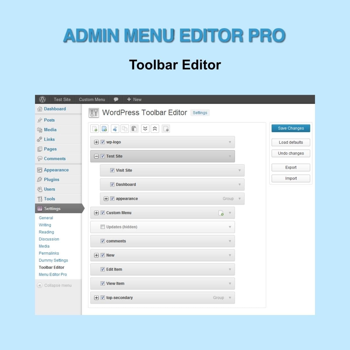Screenshot of Admin Menu Editor Pro - Toolbar Editor interface