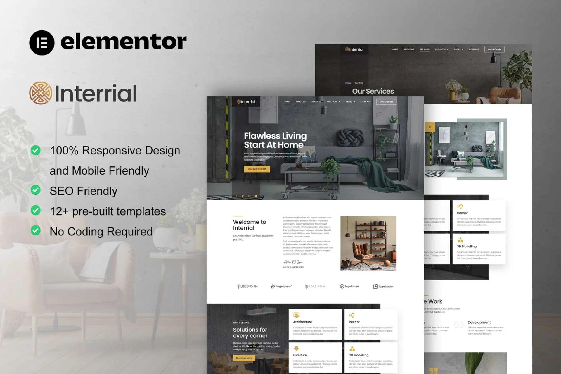 Interrial - Interior ডিজাইন Service Elementor টেমপ্লেট কিট  