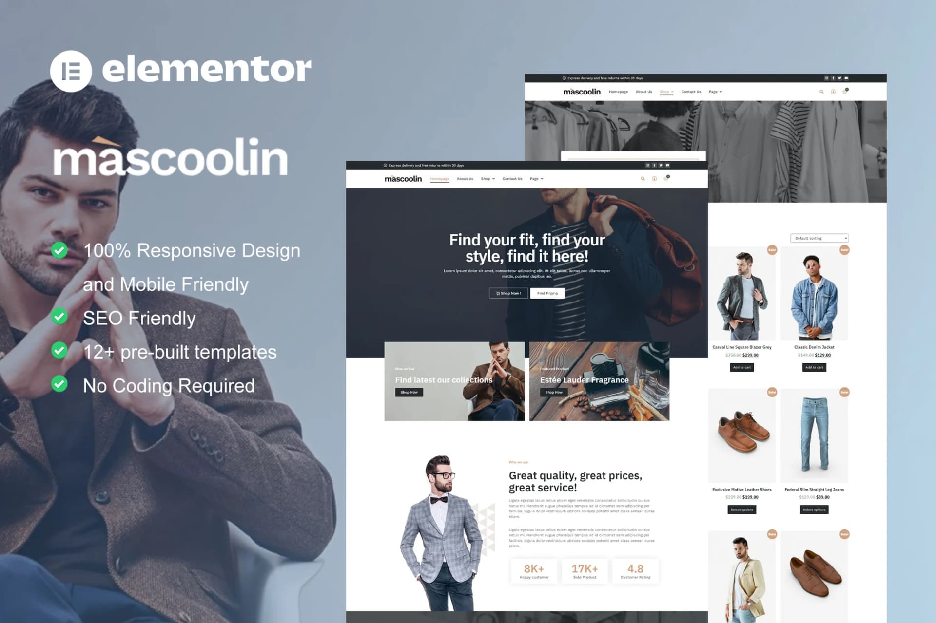 Mascoolin - Мода Магазин Набір шаблонів Elementor 