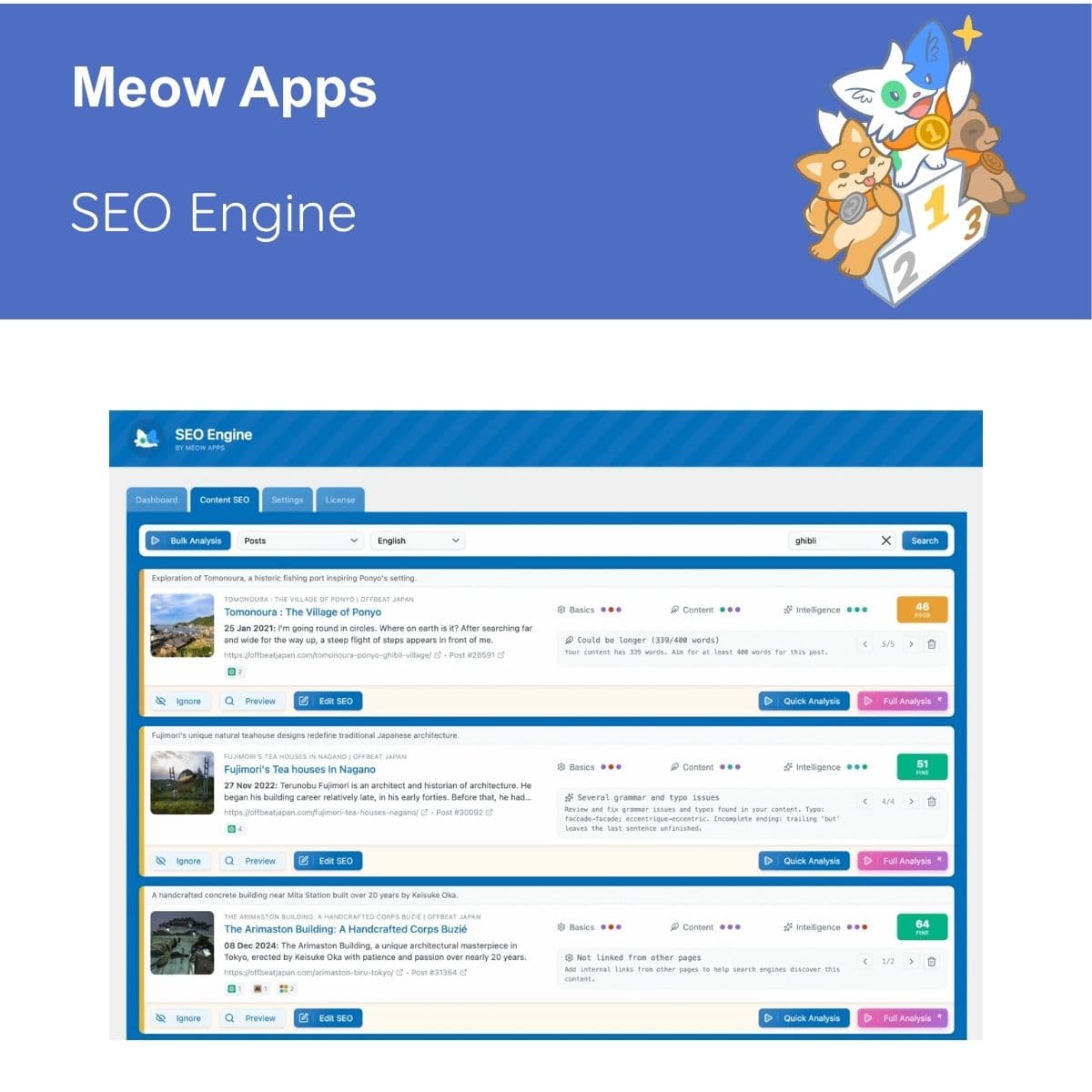 Screenshot of Meow Apps SEO Engine Pro interface