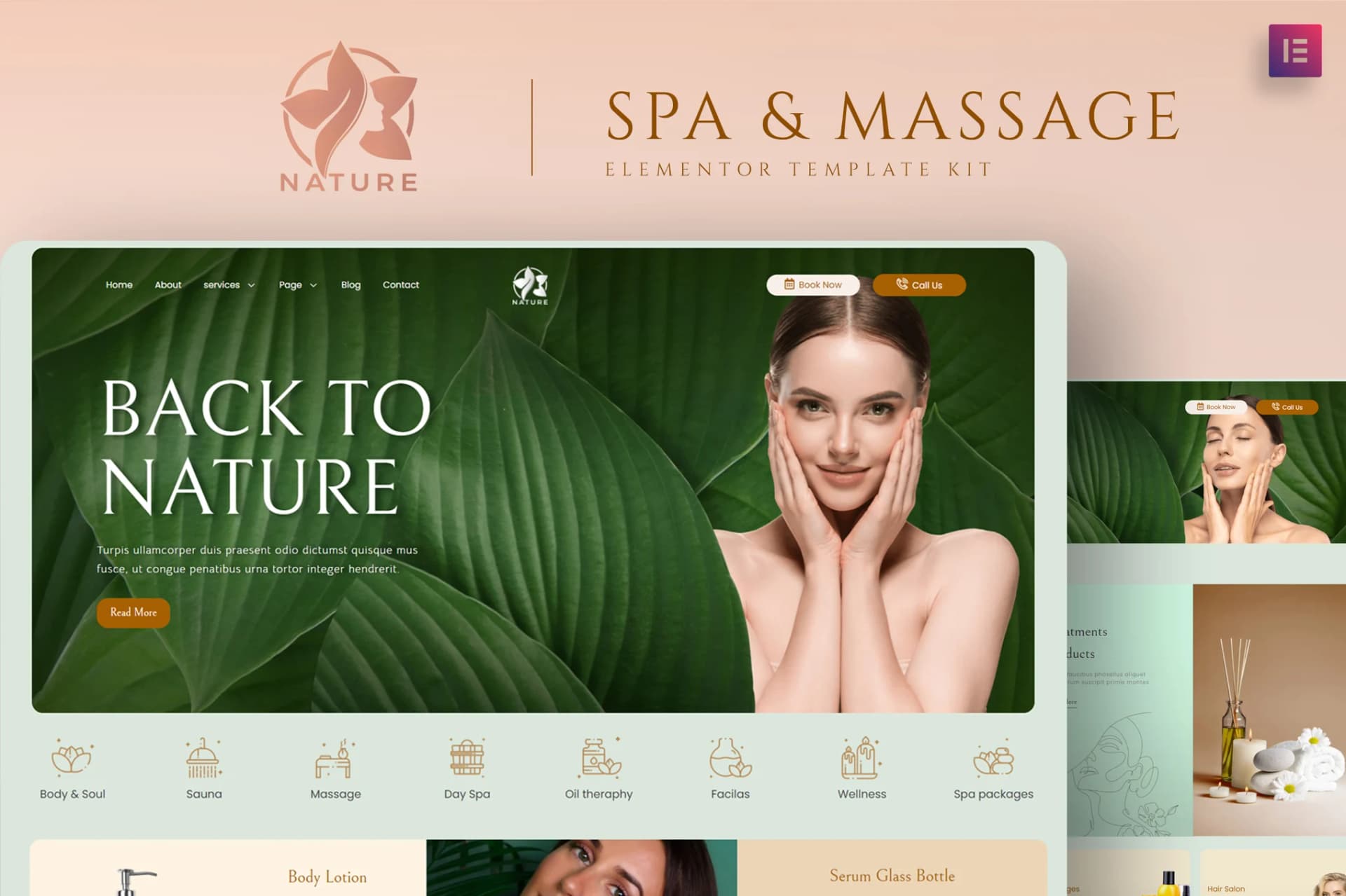 Nature - سبا & Massage مجموعة قوالب Elementor 