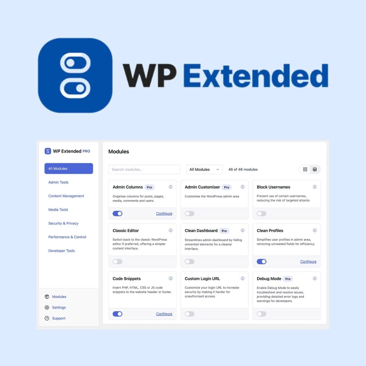 Screenshot of WP Extended Pro interface